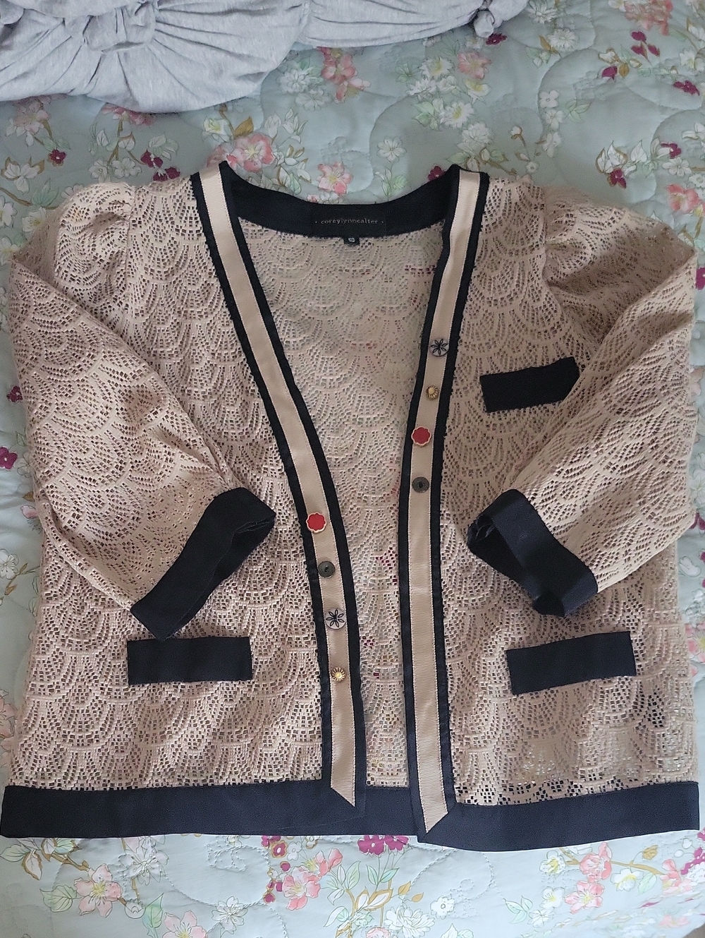 Corey Lynn Calter Cream Lace Top with Black Trim